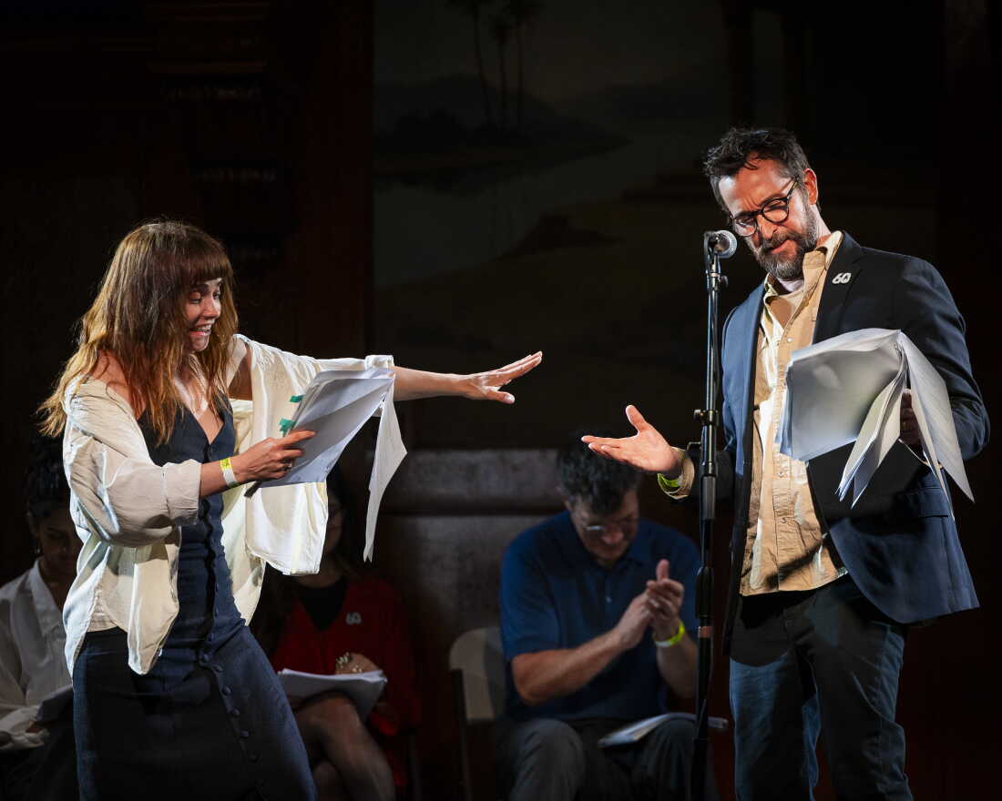 The Pitt cast members Fiona Dourif, left, and Noah Wyle read the script of Star Trek's first episode at a fundraiser for The Writers Guild Foundation.