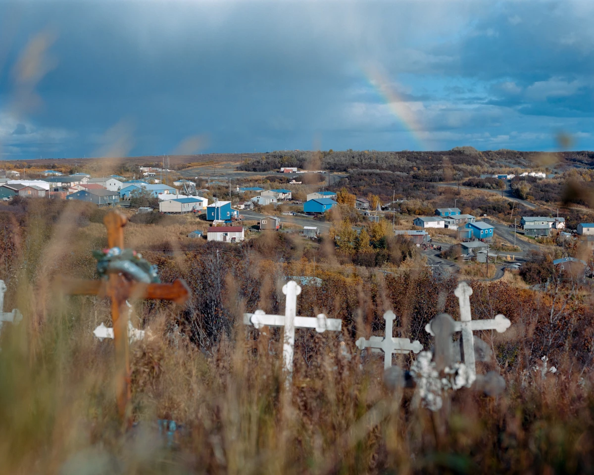 Sunrise view from the cemetery in Mountain Village, a community in Alaska’s Yukon-Kuskokwim Delta, the morning after Drake “Clayton” Wilde’s burial. Wilde was only 19 years old when he died by suicide, following a number of local teens who have taken their lives in recent years.