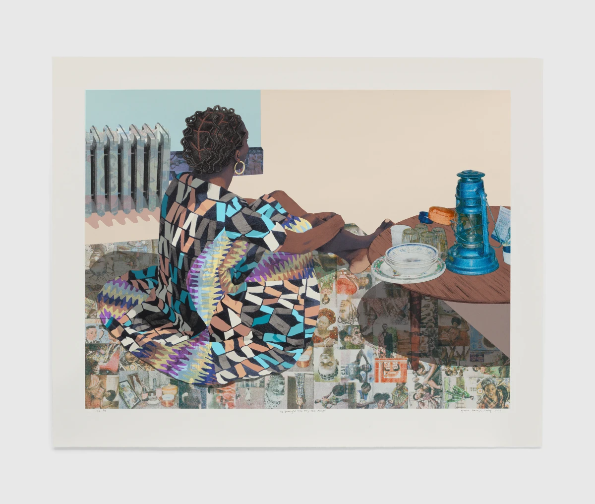 Njideka Akunyili Crosby, “The Beautyful Ones” May Have Arrived, 2023, Courtesy of the artist, Victoria Miro, and David Zwirner.