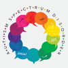 The words "autism spectrum disorder" surround a rainbow vector montage. That illustration of speech bubbles is arranged in a circle and represents the autism spectrum wheel.