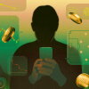 An illustration of a man in silhouette holding a smart phone. He is surrounded by images of Bitcoins, charts, sports and a gavel.