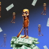 This collage shows an AI character named Tung Tung Sahur, which looks like a tree trunk with a face and limbs and is carrying a wooden bat, while standing on a pile of $100 bills. Multiple smaller versions of the character are in the background, along with falling $100 bills.