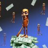 This collage shows an AI character named Tung Tung Sahur, which looks like a tree trunk with a face and limbs and is carrying a wooden bat, while standing on a pile of $100 bills. Multiple smaller versions of the character are in the background, along with falling $100 bills.