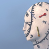 A surreal illustration portrait of a human head with an analog clock wrapped around the face and neck, conceptualizing the idea of time and life.