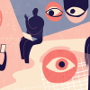 A pink, peach and purple illustration with eye balls and silhouetted people on laptops and tablets