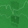 An illustration that shows line charts and voting signs with American flags.