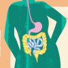 An illustration of a woman's silhouette with colorful intestines and digestive tract representing gut health and the human microbiome.