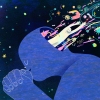 An illustration shows the upper body and head of a blue figure slightly bowing with their hands clasped in prayer. The figure is in front of a background that looks like the star-filled cosmos, and as they pray, the back of their head opens up, releasing a small white flying figure, as well as stars, birds, and squiggles from their mind, into space as they engage in a spiritual practice of prayer.