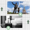 A collage with photos of someone filling up their car with gas, a statue of Walt Disney and Mickey Mouse at Disney World, and a suitcase next to a hotel bed.