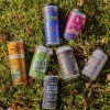Una variedad de coloridas latas de bebidas con THC están dispuestas sobre el césped. Algunos sabores incluyen la bebida Blood Orange de The Tenacious Seed, el refresco con infusión de THC de cerveza de raíz de Silly Goose y Berry Wild de Mountain High Seltzer.