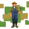 An illustration of a male farmer holding a pitchfork and standing in front of land plots that also look like computer folders.