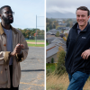 Left: Democrat Olaleye Onikuyide, 28, is running for state representative in Connecticut. Right: Republican Lukas Schubert, 21, is campaigning for reelection as a state representative in Montana. Onikuyide has short dark hair and a beard. He is wearing glasses and a tan jacket over a T-shirt. A sports field is behind him. Schubert has short brown hair and is wearing a navy fleece sweater while resting his arm on a fence post. There is a housing development down the hill behind him and mountains in the distance.