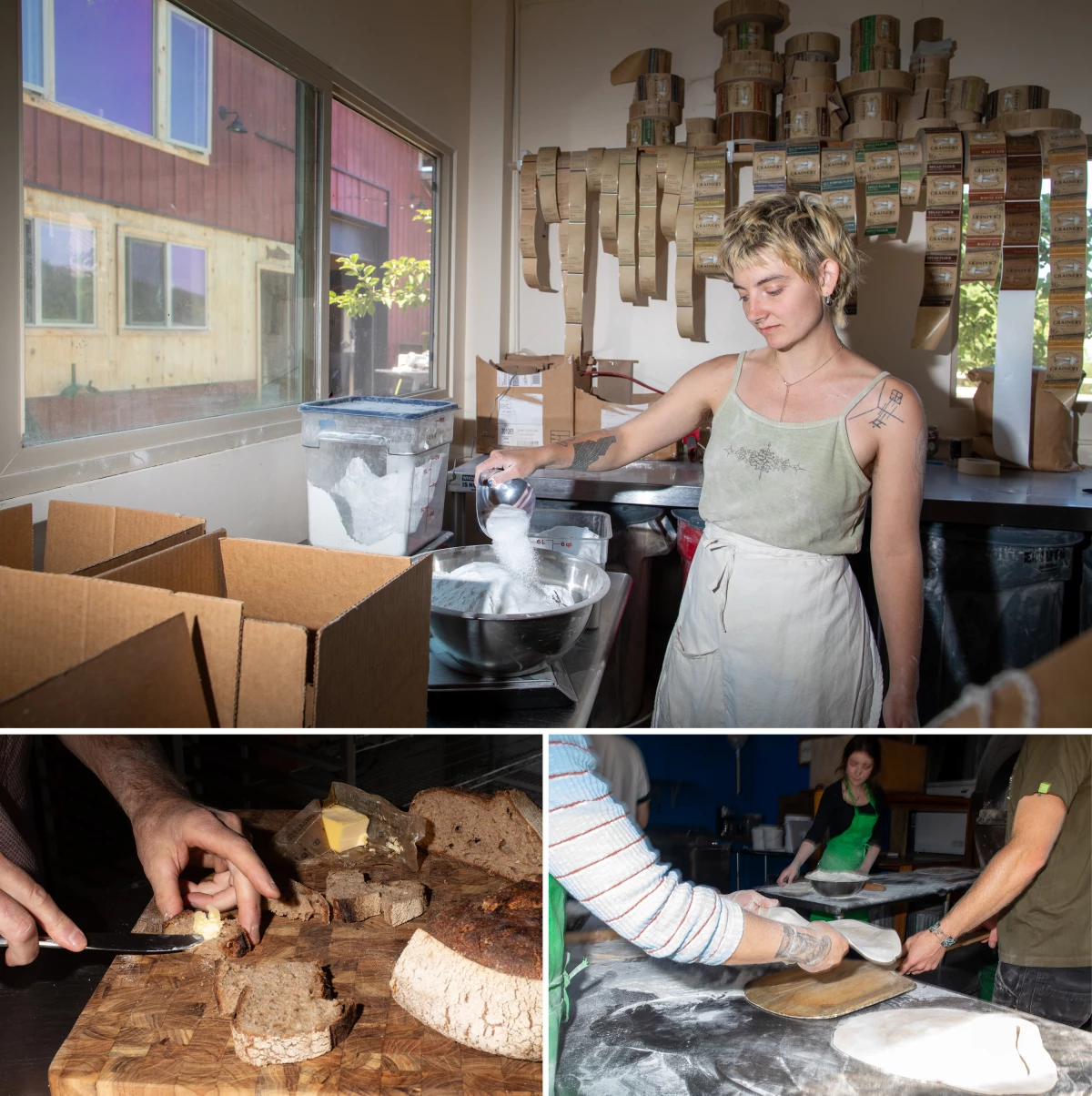 Caitlin Faircloth packages flour. The flour from the grainery is delivered locally to end up in foods from oat spelt bread (bottom left) to the pizza dough made by Dented Buoy Wood Fired Pizza (bottom right).