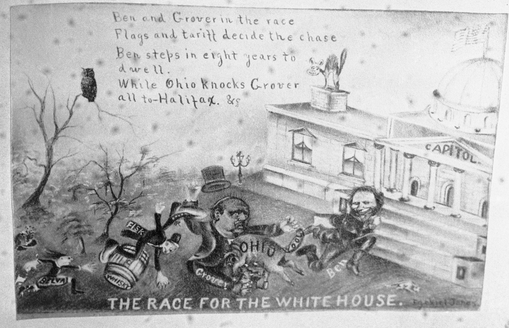 This cartoon illustrates the campaign of 1888 when Republican Benjamin Harrison and Democrat Grover Cleveland were the candidates.