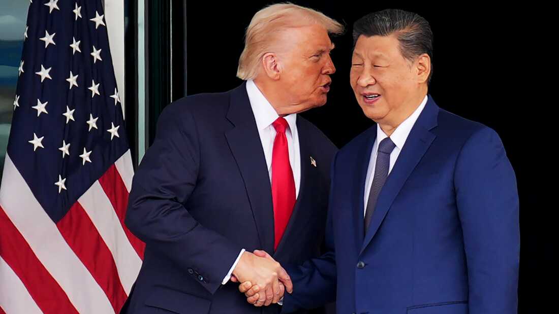 U.S. President Donald Trump and Chinese President Xi Jinping shake hands as they depart following a bilateral meeting at Gimhae Air Base on October 30, 2025 in Busan, South Korea.