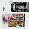 A collage of photos showing Hershey's mini chocolate bars, Halloween candy for sale on shelves at a store and a girl trick-or-treating in a princess costume.
