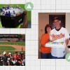 Un collage de fotografías que incluyen fanáticos de los Orioles de Baltimore animando en Camden Yards, un vendedor de bebidas que lleva un cubo de cervezas al hombro y un retrato de Bob Hinz y su esposa vistiendo camisetas de los Orioles sosteniendo un pastel de cumpleaños.
