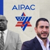 This collage shows former U.S. Representatives Tom Malinowski and Jamaal Bowman with U.S. Senate candidate Abdul El-Sayed. The AIPAC logo is behind them, and a "I voted today" sticker is in the bottom-left corner.