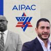 This collage shows former U.S. Representatives Tom Malinowski and Jamaal Bowman with U.S. Senate candidate Abdul El-Sayed. The AIPAC logo is behind them, and a "I voted today" sticker is in the bottom-left corner.