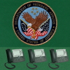 A largely green collage showing the U.S. Capitol building, the Veterans Affairs' seal — which features an eagle holding an American flag and the Betsy Ross flag with 13 stars, there is also a ring of 5 yellow stars above its head — 3 office landline phones are seen at the bottom.