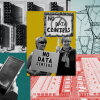 This collage shows women protesting with signs that say "No Data Centers," as well as photos of data centers, power lines and a person holding a smartphone.