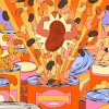 In this illustration, a giant kidney bean flexes its arms against a backdrop of cans of beans, where various types of beans are exploding out of the tops.