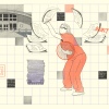 An illustration with a pale yellow background shows, at center, a woman in an orange prison uniform with her right hand on her stomach. She is writing a grievance on sheets of paper that are flying over her head. Over one of the pages is the word