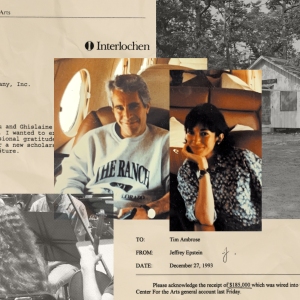 A collage that shows photos of Jeffrey Epstein and Ghislaine Maxwell on a plane with black and white photos of students playing in an orchestra and a girl near a cabin. There are fragments of documents showing over $350,000 of donations from Epstein to the Interlochen Center for the Arts. 