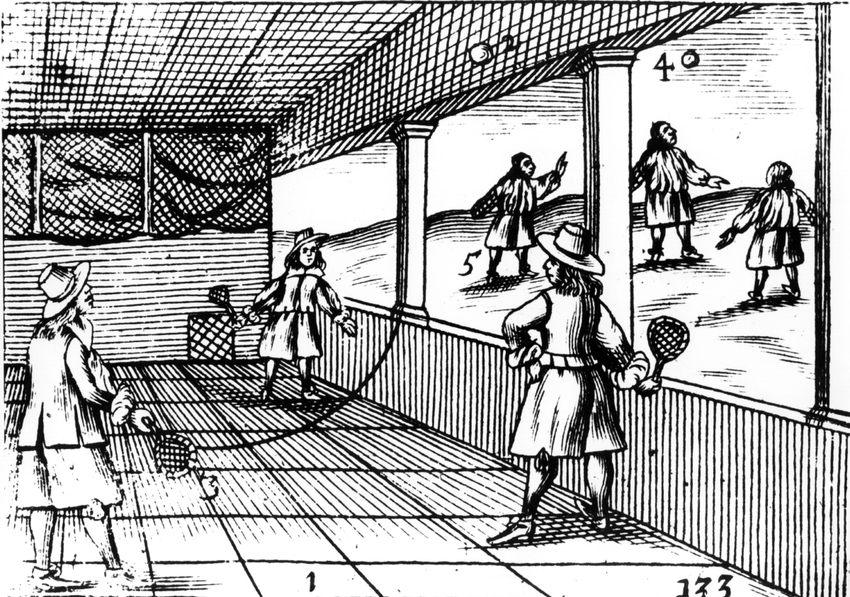 An engraving of a tennis match from 1659.