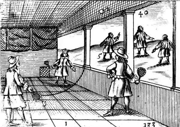 This black-and-white engraving of a tennis match from 1659 shows three people in old-fashioned clothes holding small tennis rackets.