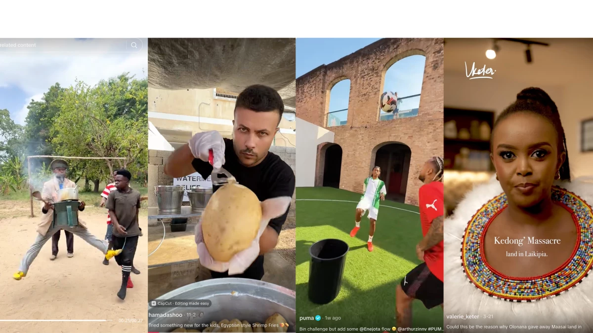 From left: Fanuel John Masamaki's comedy is inspired by the silent movie star Charlie Chaplin. Hamada Shaqoura, a Palestinian food influencer, cooks Egyptian-style shrimp fries. Arthur Marques plays soccer for a living, but it's soccer with a twist. Valerie Keter, dressed in a traditional beaded collar from the Maasai people in southern Kenya, discusses the history of the ancient tribe.