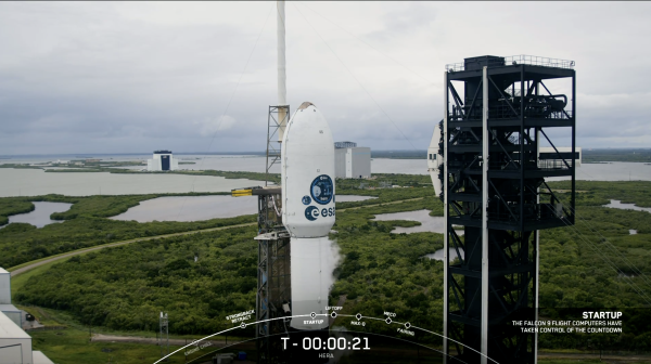 An image captured from a SpaceX livestream shows the European Space Agency's Hera spacecraft preparing to lift off on a SpaceX Falcon 9 rocket from Cape Canaveral Space Force Station in Florida on Monday.