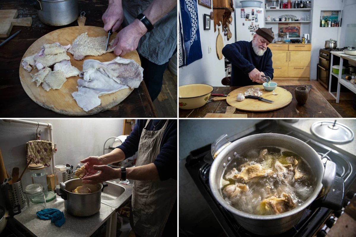 Top row: David Sulakauri cuts meat in smaller pieces for khashi, a Georgian soup, and cuts up garlic as well. Bottom row: Sulakauri finished up the soup and gets it ready to serve at his home in Tbilisi, Georgia. 'Boil the ingredients,' he says. 'The first batch of water should be discarded to remove any strong smell and clean out any excess particles.'