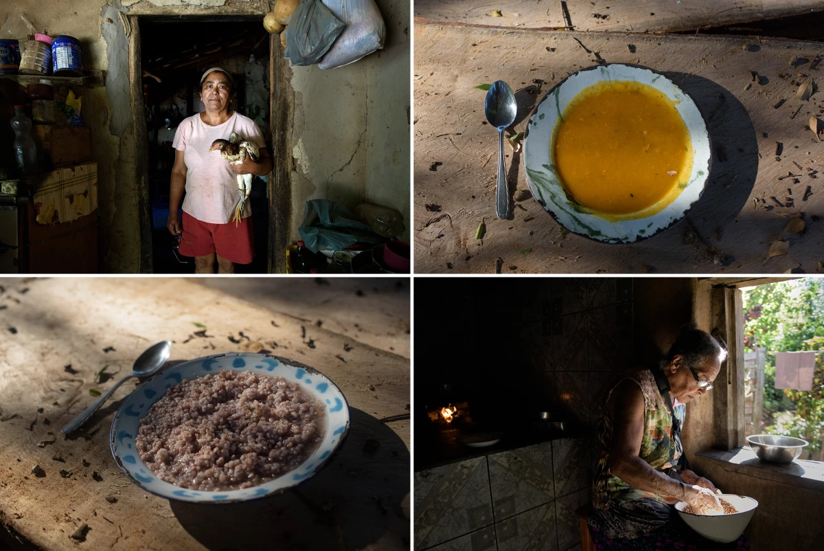 Top row: Aparecida Gomes, 60, is about to prepare pirão de galinha — a traditional dish made with chicken broth and cassava flour. 'There are many types of pirão,' she says, 'but this one is specially made for women who have just given birth.' By tradition, the chicken must be one that hasn't started clucking yet. 'That helps the mother heal fast and make more milk for the baby,' she says. At right: a bowl of pirão de galinha. Bottom row: hand-pounded red rice. At right: Rita Maria Gomes, 80, a former midwife, sorts beans. She recalls a time when traditional postpartum foods and remedies were essential but says these practices are disappearing as modern habits take over. 'Women from my time were stronger and healthier,' she says. 'Now, the industry is making women lose our traditions.'