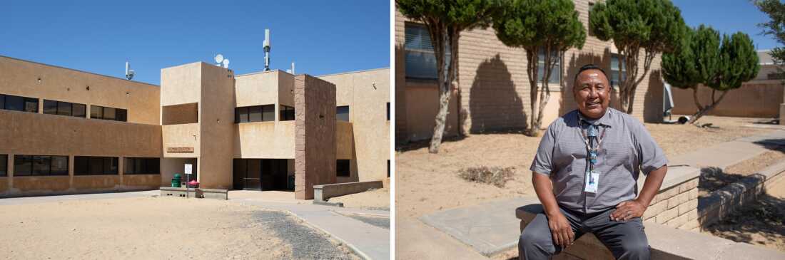In this diptych, a two-story administration building is seen in the midday sun on the left. On the right, Hopi Tribe Vice Chairman Craig Andrews sits for a portrait outdoors.