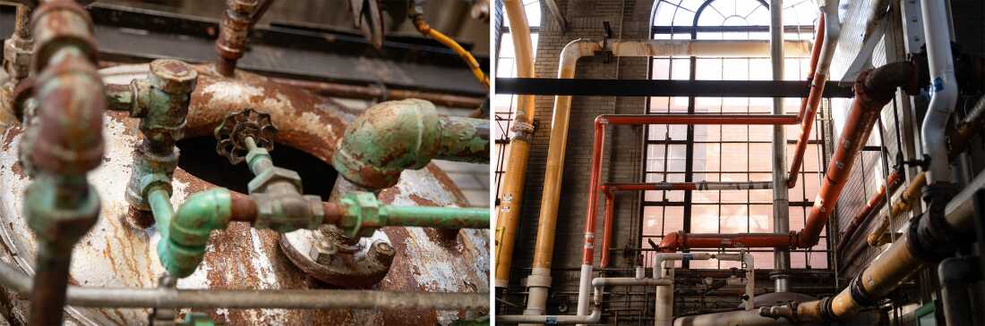 The photo on the left shows old control boxes with rusted and green patina-covered pipes attached to them, inside the Cherokee Boiler House. The photo on the right shows large and long steam distribution piping inside the Cherokee Boiler House. The pipes go up walls and across long distances.