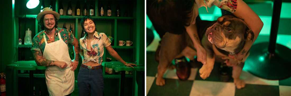 Shuggie's co-owners David Murphy and Kayla Abe met at a farmers market in downtown San Francisco. They were united in their desire to help local farmers who were having trouble selling their extra produce. Pictured at right, Abe and Murphy’s dog, Beef.