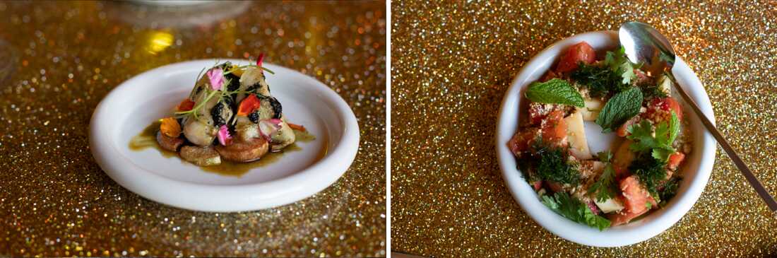 Two of the many dishes, made with imperfect ingredients usually discarded by the food system, served at Murphy and Abe's restaurant.