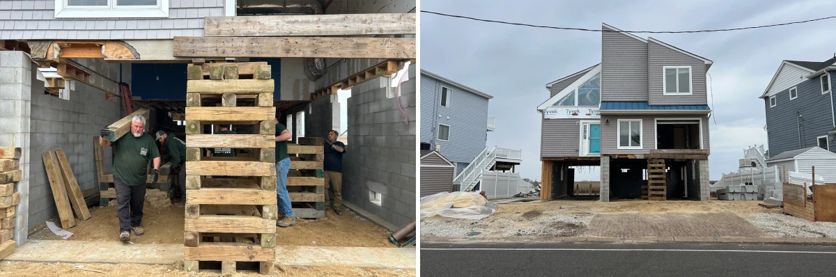 Crew members from Frank Myroncuk & Son, Inc. House Movers take down pilings after lifting a home in Stafford Township. Experts say the cost of raising homes can put it out of reach for some families and communities. New Jersey used federal recovery funds after Superstorm Sandy to help pay for home elevations, but the money was slow to reach some households.