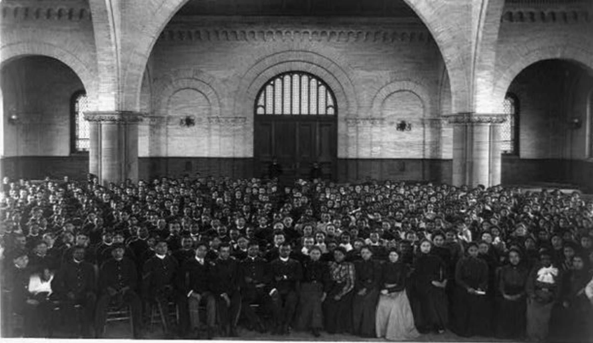 Students gathered for an assembly at Hampton Institute in Hampton, Va., about 1900.