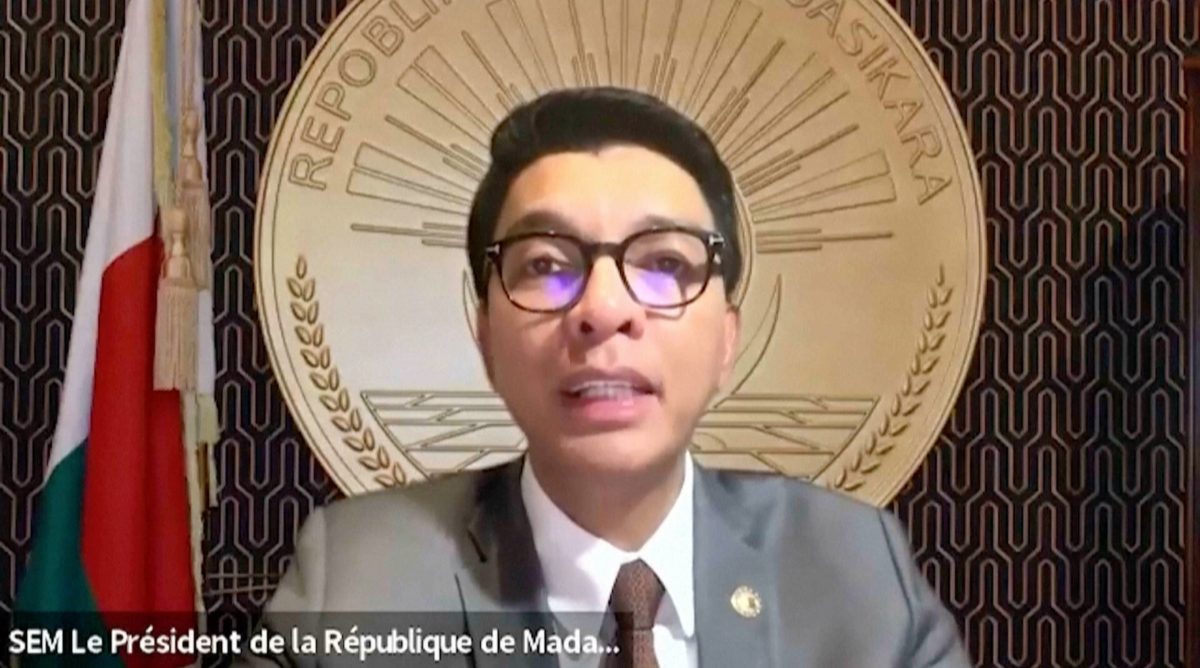 This grab taken from video released on Monday, Oct. 13, 2025, shows Madagascar President Andry Rajoelina giving a speech from an unknown location after an apparent coup attempt forced him into hiding.