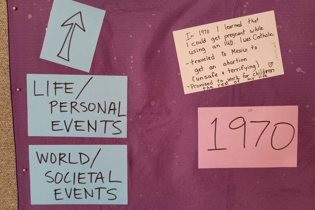 Moderators ask everyone to fill out index cards with one personal and one global event that’s shaped their view on abortion.