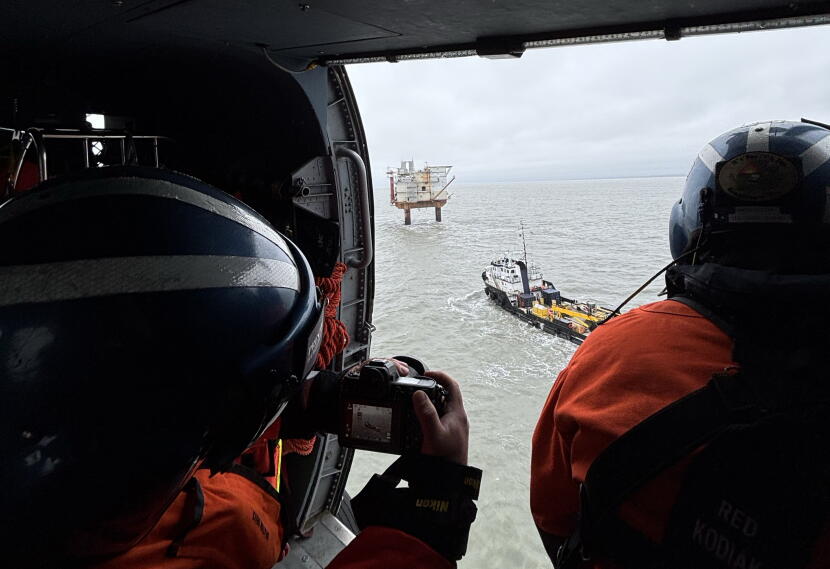 U.S. Coast Guard personnel conduct aerial survey of the North Trading Bay sheen location and the inactive Spark platform on Wednesday, Aug. 26, 2026 in Cook Inlet, Alaska.