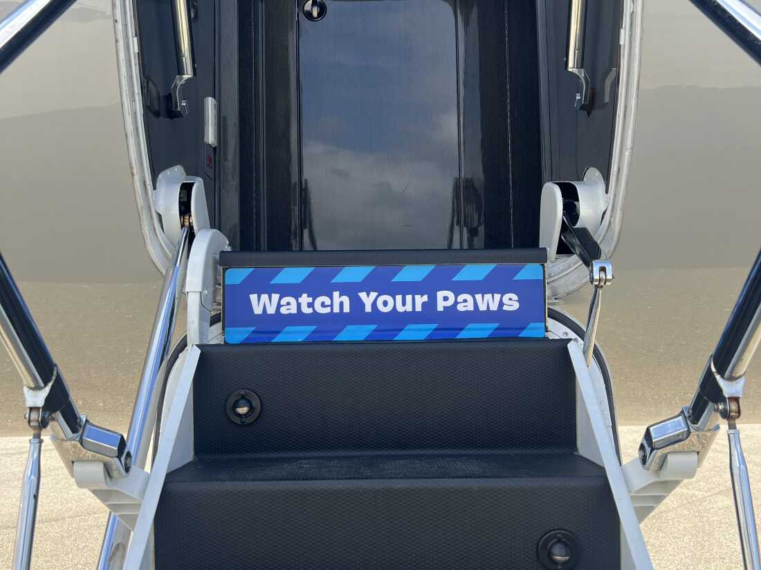 Stairs leading up to a plane, with a sign reading "watch your paws."