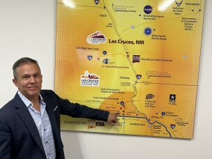 Davin Lopez, president of the local economic development alliance, points to the location of the hyper-scale data center near the New Mexico-Mexico border. 