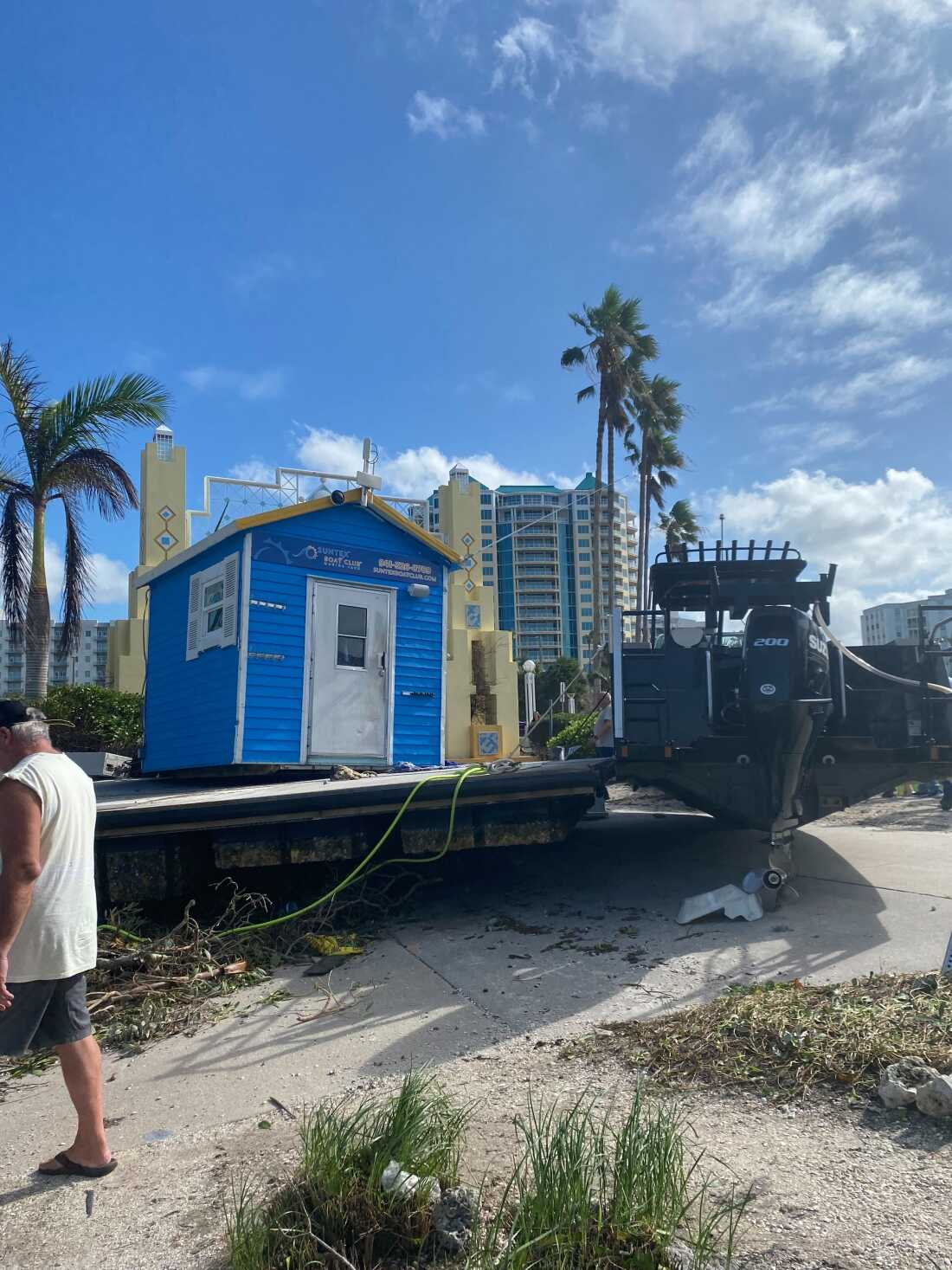 An entire dock lifted up and out of the water by Hurricane Milton is shown here Thursday morning at the Sarasota marina.