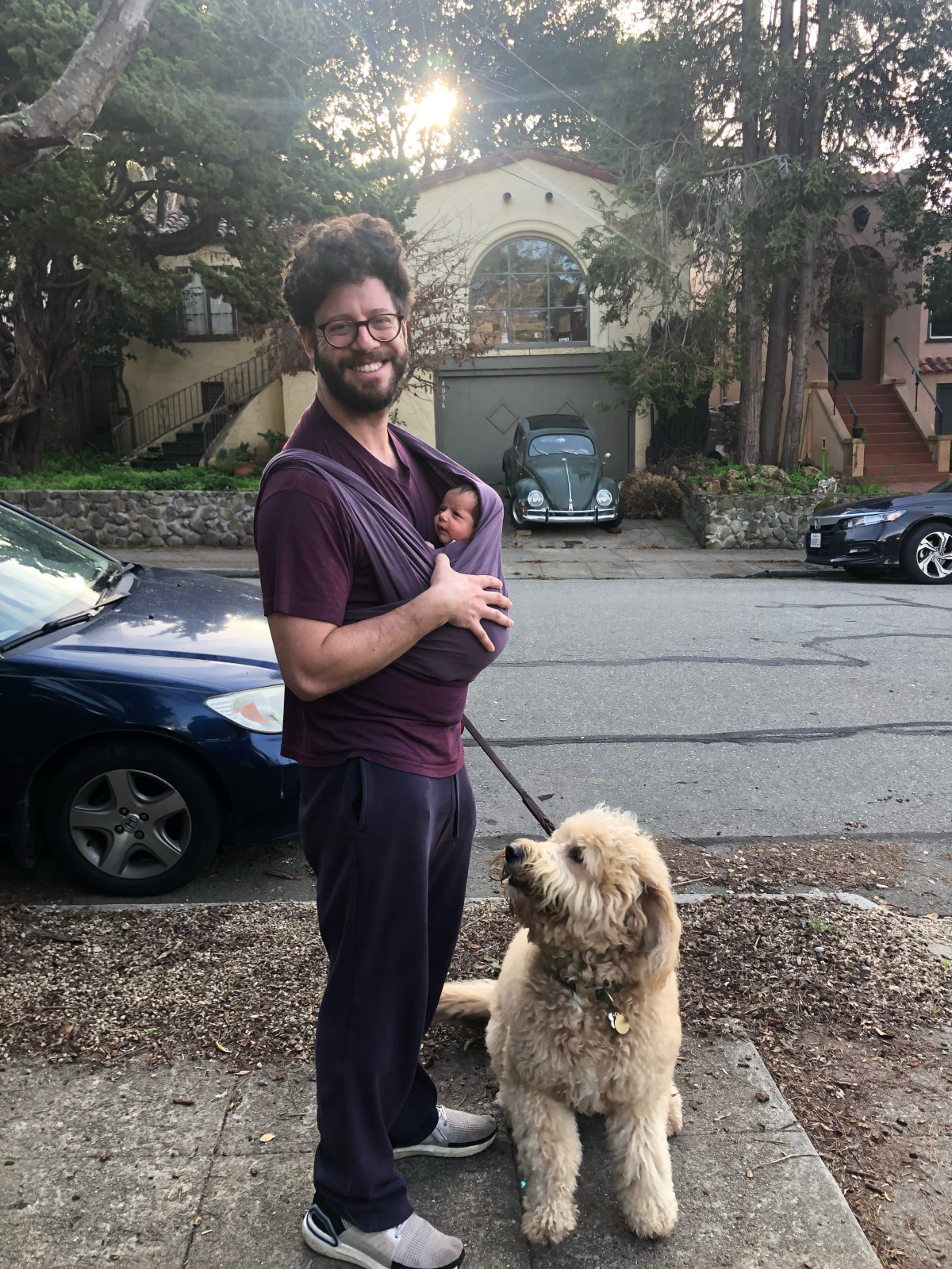 Ben Stein-Lobovitz, photographed outside of his home in 2020 with his daughter Emma and his dog, Cow, says that parenting gives him purpose, but also highlights his limitations as a result of having cancer.
