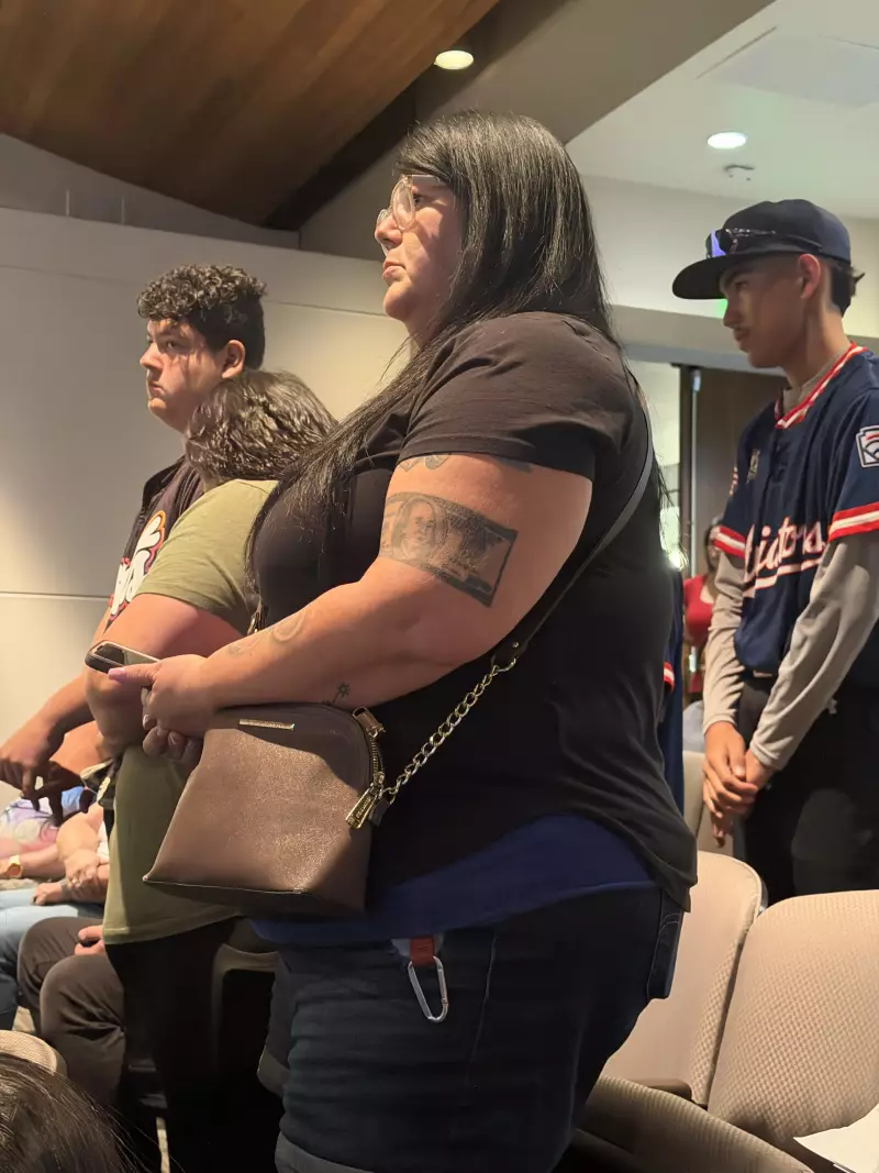 Parents and children affiliated with the Ontario Eastern Little League, the youth baseball organization at John Galvin Park, stand in support of the Jay Littleton ball park during the Ontario City Council meeting on Tuesday, Mar. 17, 2026.
