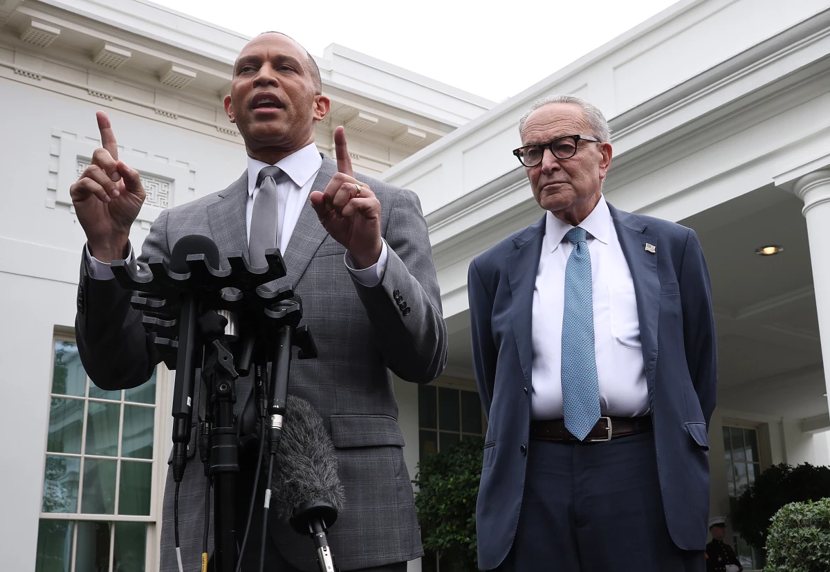 House Democratic Leader Hakeem Jeffries, D-NY and Senate Democratic Leader Charles Schumer, D-NY deliver remarks following a meeting with President Trump at the White House on Sept. 29, 2025. The Democratic leaders met with President Trump to negotiate funding legislation to avoid a government shutdown.