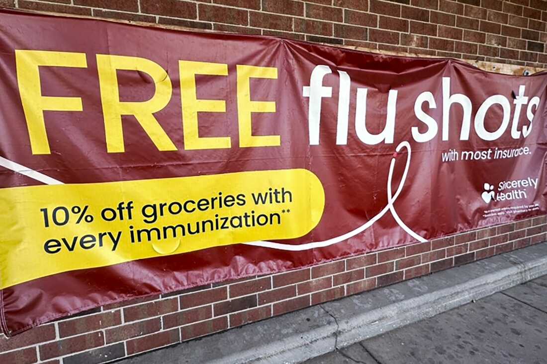 This photo shows a wide banner advertising free flu shots. It hangs on a brick wall.